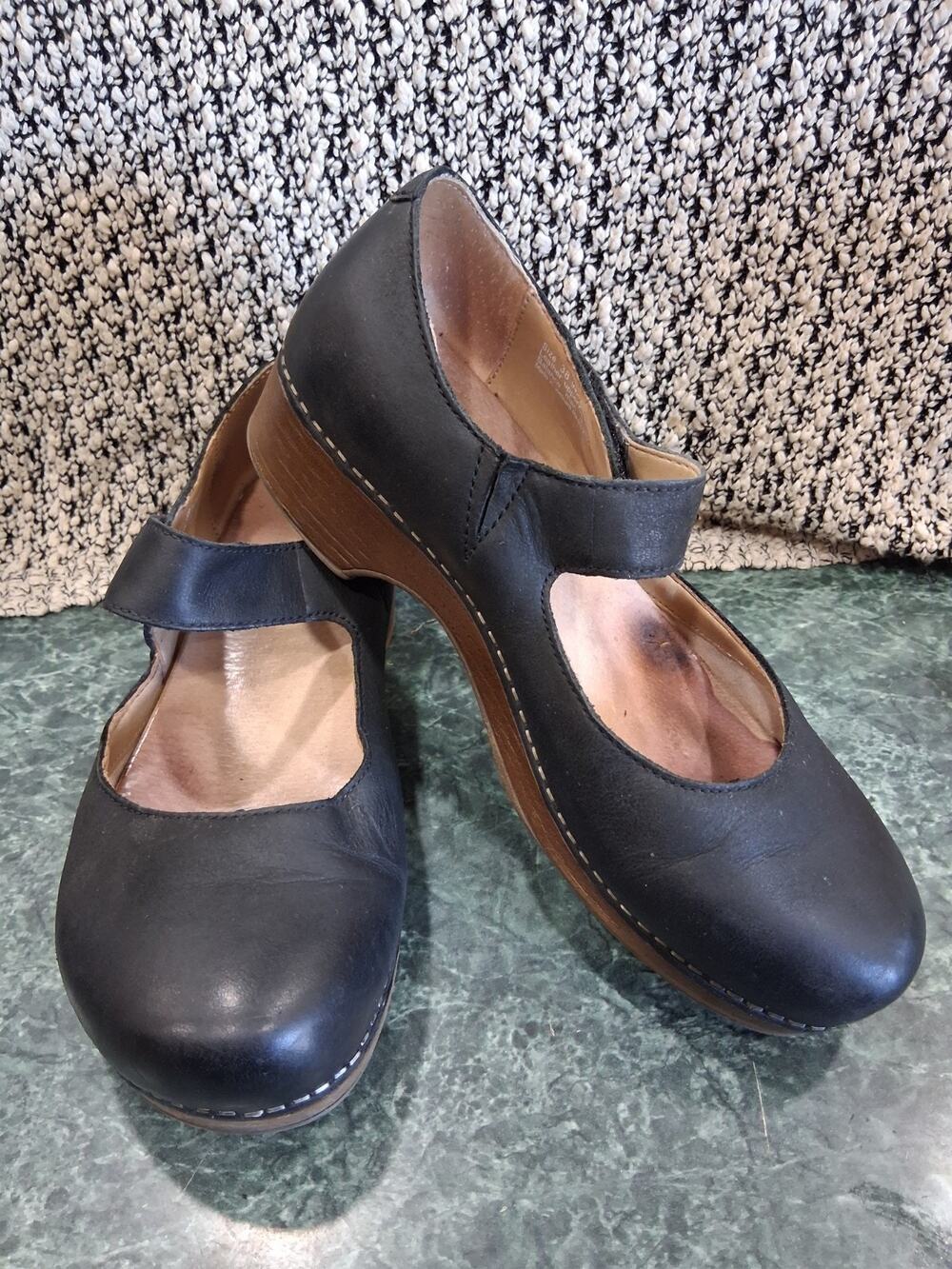 DANSKO 38 (7.5-8US) Women's Black Mary Jane Leather Clog, Adjustable Strap